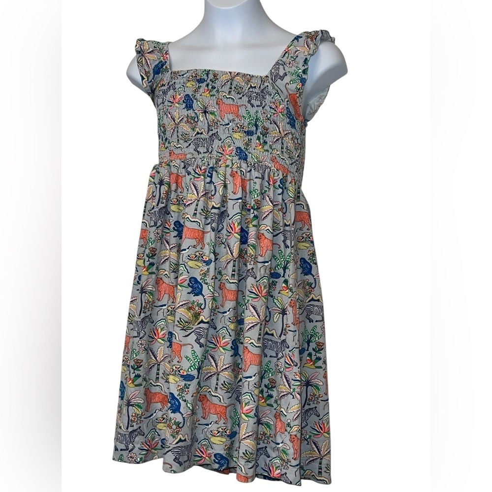 Mini Boden girls gray jungle animal Smocked Sundress sz 4-5